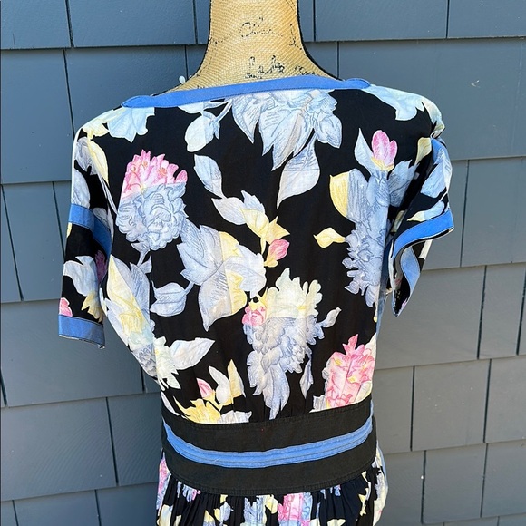 Vintage Chacok Floral V-Neck Dress with Blue Accents cotton side slits - Picture 8 of 13